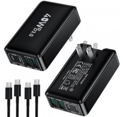2팩 40W 슬림 평면 USB C 벽면 충전기(USB-C-C 케이블 포함), 4포트 고속 USB C 충전기 블록(접이식 플러그 포함) iPhone 15 14 13 12 Pro Max용 이중 USB C 및 USB A 포트, 삼성 갤럭시-블