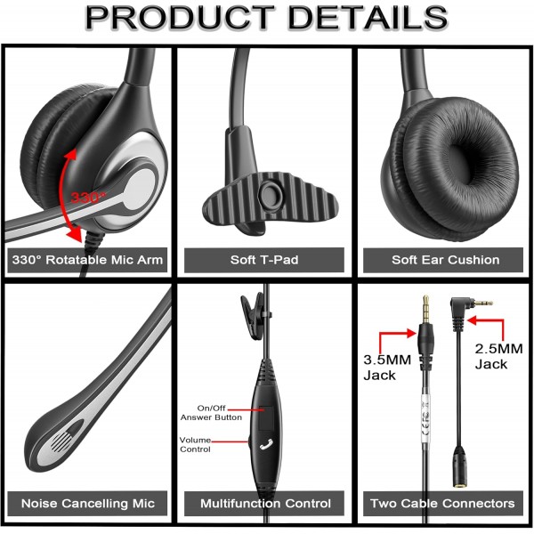 노이즈 캔슬링 마이크가 장착된 Wantek 휴대폰 헤드셋 모노, iPhone용 유선 컴퓨터 헤드폰 Samsung Huawei HTC LG ZTE BlackBerry 스마트폰 및 노트북 PC Mac 태블릿(3.5mm 잭 포함)