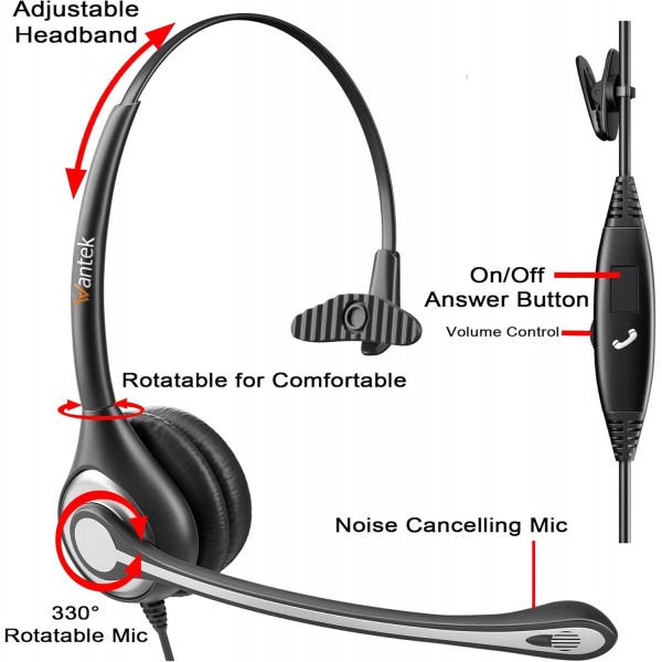 노이즈 캔슬링 마이크가 장착된 Wantek 휴대폰 헤드셋 모노, iPhone용 유선 컴퓨터 헤드폰 Samsung Huawei HTC LG ZTE BlackBerry 스마트폰 및 노트북 PC Mac 태블릿(3.5mm 잭 포함)