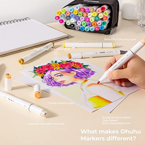 Ohuhu 알코올 마커 브러시 팁: 아티스트 성인 색칠 일러스트레이션을 위한 48색 이중 팁 아트 마커 세트 -호놀룰루 -브러시 및 끌 -리필 가능