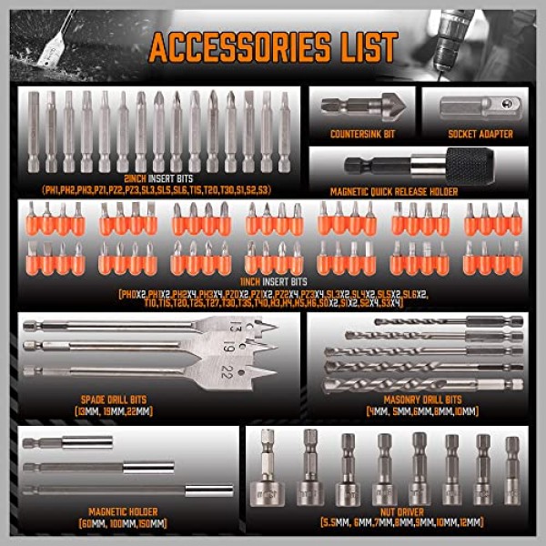 HORUSDY 임팩트 드릴 비트 세트, 112피스 1/4 육각 섕크 임팩트 드라이버 비트 및 스크류 드라이버 및 목재 금속 시멘트 드릴링용 드라이버 비트 세트