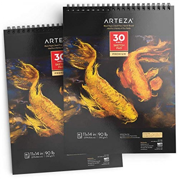 Arteza 나선형 제본 검정색 스케치 패드, 중량지, 11 X 14인치, 90lb/150gsm, 30매, 2팩, 흑연 및 색연필, 숯, 오일 파스텔, 젤 펜, 분필용