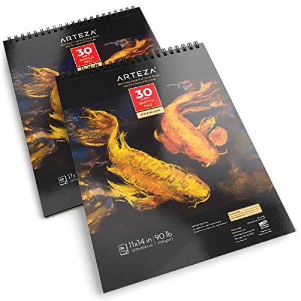 Arteza 나선형 제본 검정색 스케치 패드, 중량지, 11 X 14인치, 90lb/150gsm, 30매, 2팩, 흑연 및 색연필, 숯, 오일 파스텔, 젤 펜, 분필용
