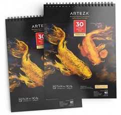 Arteza 나선형 제본 검정색 스케치 패드, 중량지, 11 X 14인치, 90lb/150gsm, 30매, 2팩, 흑연 및 색연필, 숯, 오일 파스텔, 젤 펜, 분필용