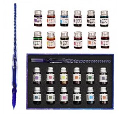 AOKUY 유리 펜 세트 서예 딥 펜, 12 개의 다채로운 잉크, 예술, 쓰기, 서명, 장식, 선물용 서예 세트