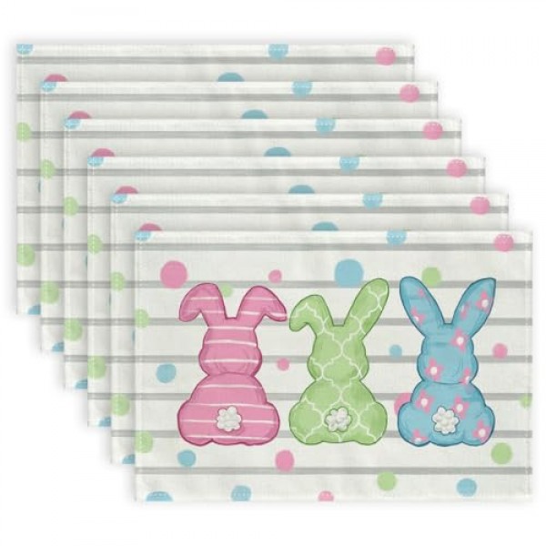 ARKENY 부활절 Placemats 12x18 인치 6개 세트, 토끼 토끼 점 휴일 농가 삼베 Srtipe 실내 테이블 매트 장식 홈 AP243-6