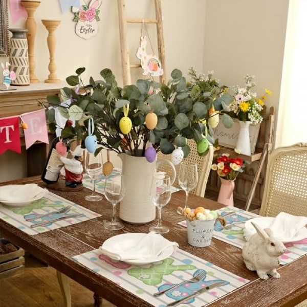 ARKENY 부활절 Placemats 12x18 인치 6개 세트, 토끼 토끼 점 휴일 농가 삼베 Srtipe 실내 테이블 매트 장식 홈 AP243-6