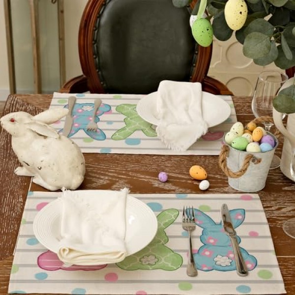 ARKENY 부활절 Placemats 12x18 인치 6개 세트, 토끼 토끼 점 휴일 농가 삼베 Srtipe 실내 테이블 매트 장식 홈 AP243-6
