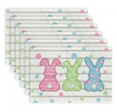 ARKENY 부활절 Placemats 12x18 인치 6개 세트, 토끼 토끼 점 휴일 농가 삼베 Srtipe 실내 테이블 매트 장식 홈 AP243-6