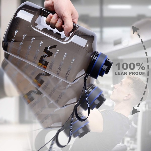 ETDW 물병 2.2L 빨대, 시간 표시 및 손잡이가 있는 2200ml 스포츠 병, 캠핑, 요가, 체육관 및 야외용 BPA 프리 2.2L 물병 BLACK Black 2.2Litre