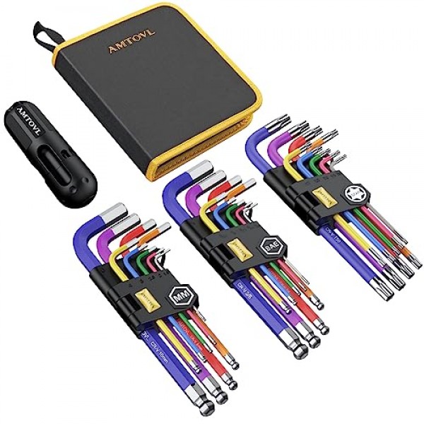 AMTOVL 27PCS 앨런 키 세트, 미터법 및 SAE 앨런 렌치 세트, 자전거, 가정용 DIY용 T-핸들 및 색상 코딩이 있는 엑스트라 롱 볼 및 스타 엔드 육각 키