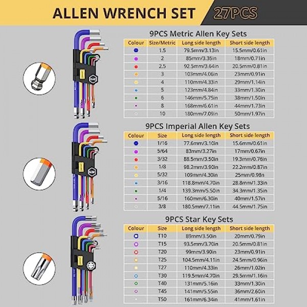 AMTOVL 27PCS 앨런 키 세트, 미터법 및 SAE 앨런 렌치 세트, 자전거, 가정용 DIY용 T-핸들 및 색상 코딩이 있는 엑스트라 롱 볼 및 스타 엔드 육각 키