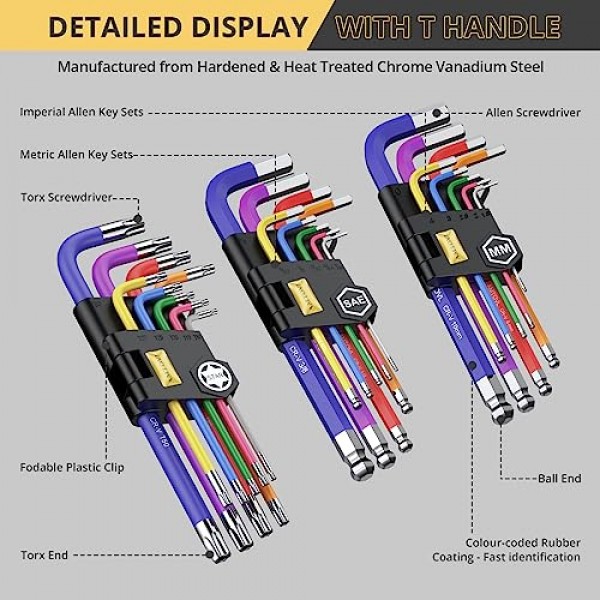 AMTOVL 27PCS 앨런 키 세트, 미터법 및 SAE 앨런 렌치 세트, 자전거, 가정용 DIY용 T-핸들 및 색상 코딩이 있는 엑스트라 롱 볼 및 스타 엔드 육각 키