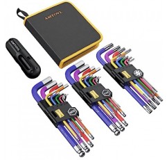 AMTOVL 27PCS 앨런 키 세트, 미터법 및 SAE 앨런 렌치 세트, 자전거, 가정용 DIY용 T-핸들 및 색상 코딩이 있는 엑스트라 롱 볼 및 스타 엔드 육각 키