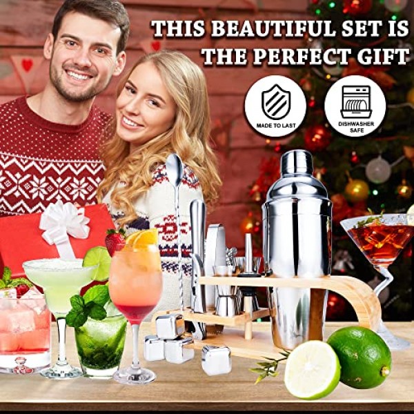 Mixology 바텐더 키트, SuperCook 칵테일 셰이커 세트, 홈 바 세트용 바 액세서리, 25OZ 마티니 셰이커, 대나무 스탠드가 있는 드링크 셰이커 칵테일, 알코올 믹서 셰이커 세