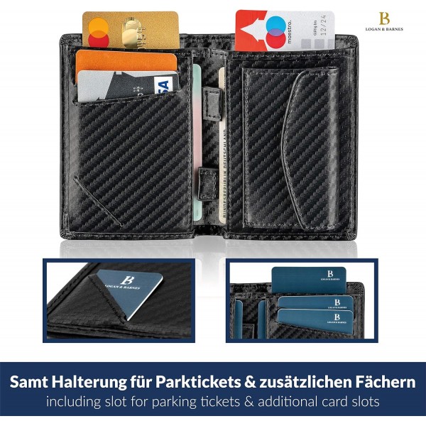 TÜV 테스트를 거친 남성용 미니 지갑 RFID 보호 기능 - 작은 지갑 남성용 세로 형식 - 얇은 지갑 남성용 LOGAN & BARNES - 모델 취리히(가죽 - 카본, 동전 수납 공간 포함) 가죽