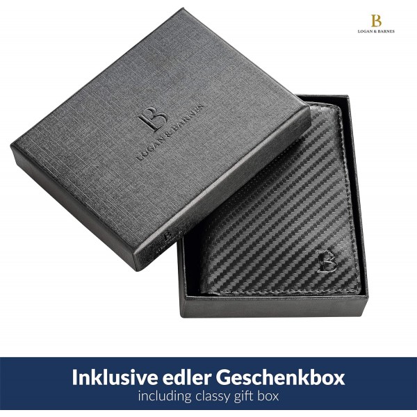 TÜV 테스트를 거친 남성용 미니 지갑 RFID 보호 기능 - 작은 지갑 남성용 세로 형식 - 얇은 지갑 남성용 LOGAN & BARNES - 모델 취리히(가죽 - 카본, 동전 수납 공간 포함) 가죽