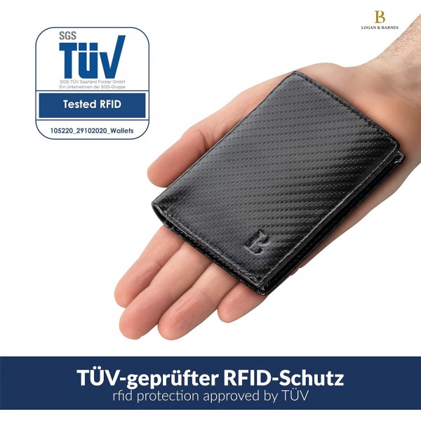 TÜV 테스트를 거친 남성용 미니 지갑 RFID 보호 기능 - 작은 지갑 남성용 세로 형식 - 얇은 지갑 남성용 LOGAN & BARNES - 모델 취리히(가죽 - 카본, 동전 수납 공간 포함) 가죽