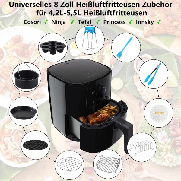 YINGRACE 20cm 핫 에어 프라이어 액세서리, COSORI Ninja Princess Tefal 4.2L 4.5L 4.7L 5.2L 5.5L, 필립스 6.2L, BPA 불포함, 식기세척기 사용 가능, 들러붙지 않음, 8인치에 적합한 12개 에