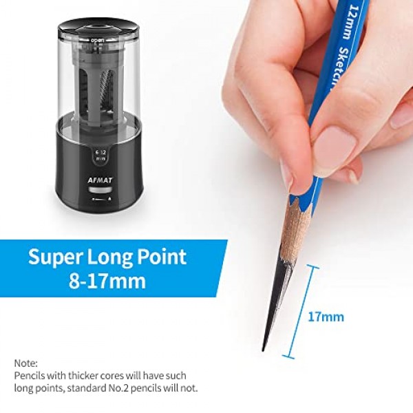 AFMAT 롱 포인트 연필 깎이, 자동 중지 및 빠른 샤프닝, 아티스트용 전기 연필 깎이, 슈퍼 롱 포인트, Φ6-12mm 숯/드로잉/색연필용 아티스트 연필 깎이 플러그인