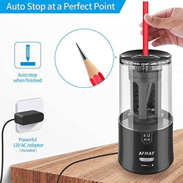 AFMAT 롱 포인트 연필 깎이, 자동 중지 및 빠른 샤프닝, 아티스트용 전기 연필 깎이, 슈퍼 롱 포인트, Φ6-12mm 숯/드로잉/색연필용 아티스트 연필 깎이 플러그인