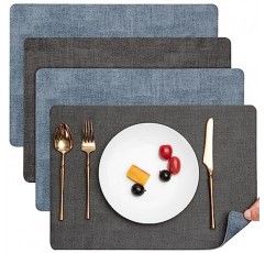 Myir JUN 플레이스매트 양면 인조 가죽 플레이스 매트 식탁용 실내 플레이스매트 4개 세트 야외 플레이스매트 정사각형 미끄럼 방지 세탁 가능 테이블 매트(회색 라이트