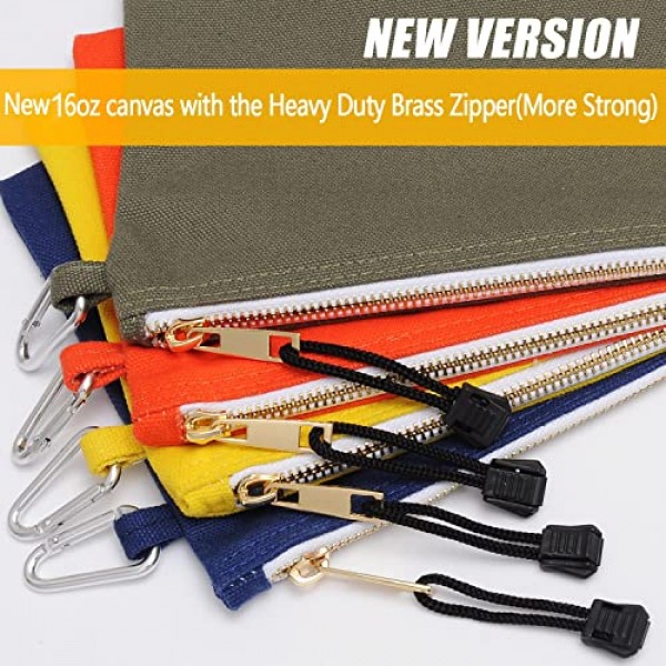 FunOwlet 유틸리티 캔버스 지퍼 도구 가방 - 카라비너가 포함된 헤비듀티 도구 파우치, 올리브, 오렌지, 블루, 옐로우, 4팩 토트백의 다용도 보관 정리 클립