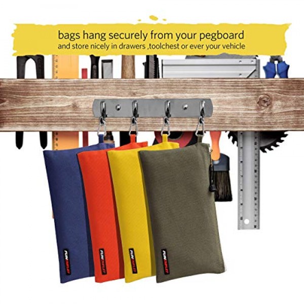 FunOwlet 유틸리티 캔버스 지퍼 도구 가방 - 카라비너가 포함된 헤비듀티 도구 파우치, 올리브, 오렌지, 블루, 옐로우, 4팩 토트백의 다용도 보관 정리 클립