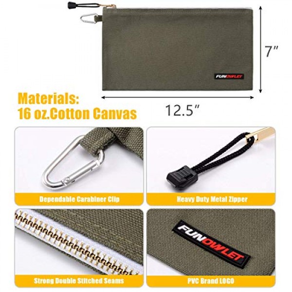 FunOwlet 유틸리티 캔버스 지퍼 도구 가방 - 카라비너가 포함된 헤비듀티 도구 파우치, 올리브, 오렌지, 블루, 옐로우, 4팩 토트백의 다용도 보관 정리 클립