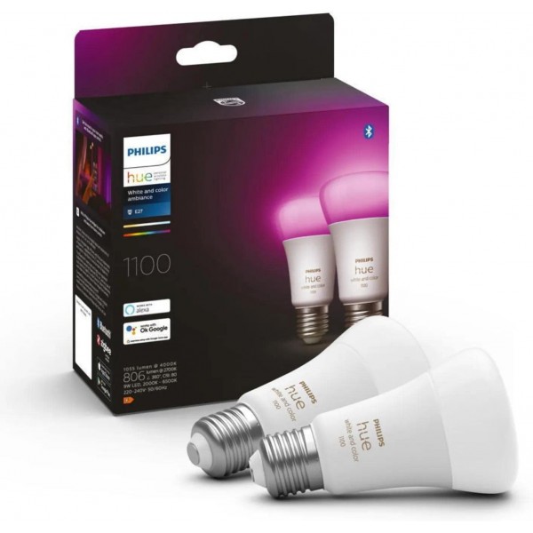Philips Hue Bluetooth 흰색 및 컬러 앰비언스 LED E27 Birne - A60 8W 1100lm Doppelpack inkl. 다리