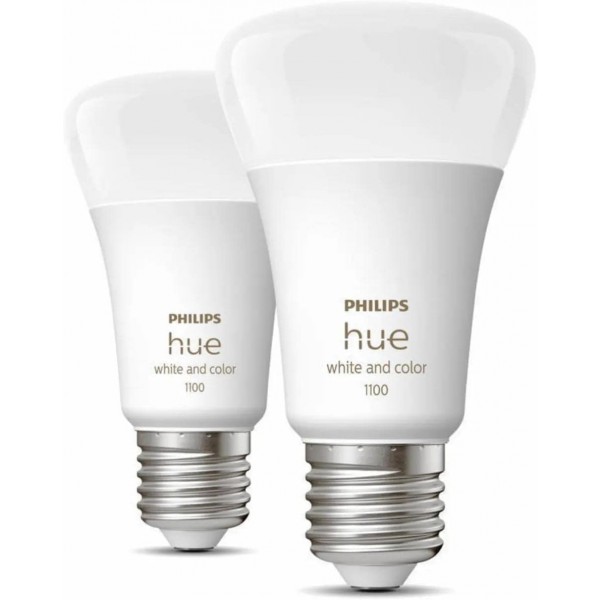 Philips Hue Bluetooth 흰색 및 컬러 앰비언스 LED E27 Birne - A60 8W 1100lm Doppelpack inkl. 다리