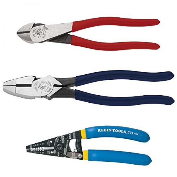 Klein Tools 80121 와이어 스트리퍼가 포함된 스트리퍼 플라이어 키트, 미국산, 라인맨 플라이어 및 대각선 커터, 3피스