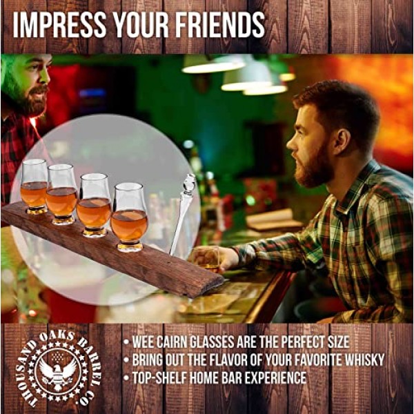 The Wee Glencairn 위스키 비행 지팡이 - 재생 오크통 지팡이가 포함된 크리스탈 버번 유리 키트, 미니 Glencairn 위스키 유리 4개 세트 및 위스키 유리 피펫 점적기