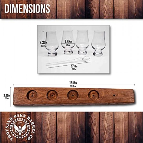 The Wee Glencairn 위스키 비행 지팡이 - 재생 오크통 지팡이가 포함된 크리스탈 버번 유리 키트, 미니 Glencairn 위스키 유리 4개 세트 및 위스키 유리 피펫 점적기