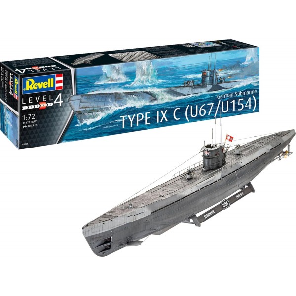 Revell RV05166 05166 U-Boot 독일 잠수함 유형 IX C U67/U154, 선박 모델 키트 1.72, 1.06 m True to the Original Advanced Model Kit, 도색되지 않음, 1/72