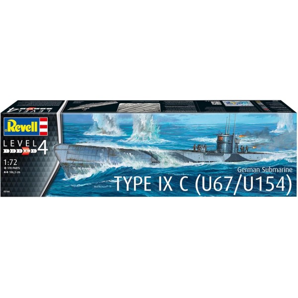 Revell RV05166 05166 U-Boot 독일 잠수함 유형 IX C U67/U154, 선박 모델 키트 1.72, 1.06 m True to the Original Advanced Model Kit, 도색되지 않음, 1/72
