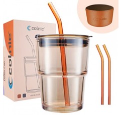 아이스 커피 컵, 뚜껑과 빨대가 포함된 15Oz/450ml 유리 컵, 아이스 커피 잔 텀블러, 유리 빨대 2개와 가죽 슬리브가 포함된 차용 두꺼운 벽 유리 머그, 유리 텀블러 선물