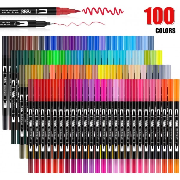 Hhhouu 100 색 브러시 마커 브러시 펜 저널 액세서리 펜, 마커 펜 성인을위한 양면 색칠하기 책bullet journal handlettering hho-100B