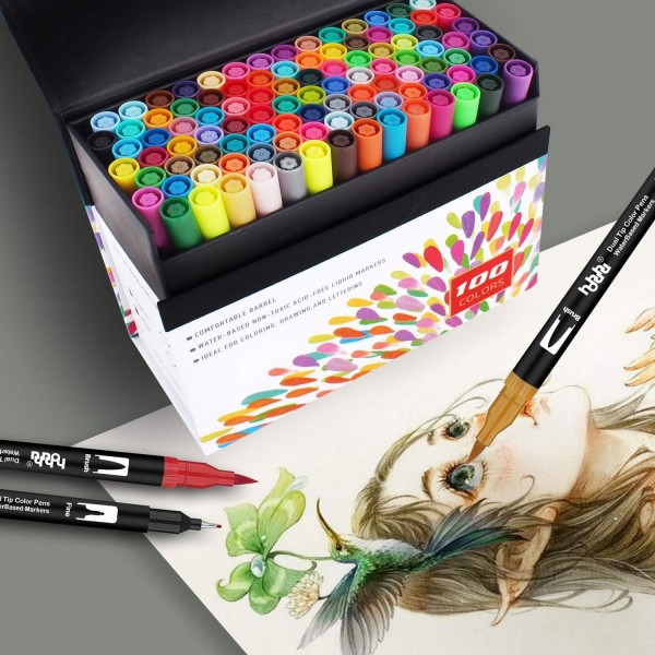 Hhhouu 100 색 브러시 마커 브러시 펜 저널 액세서리 펜, 마커 펜 성인을위한 양면 색칠하기 책bullet journal handlettering hho-100B
