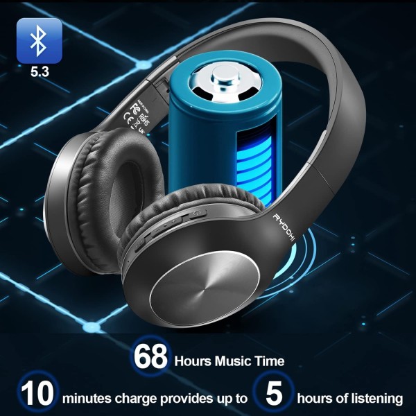 Rydohi 블루투스 헤드폰 오버이어 68시간 재생 및 3가지 EQ 음악 모드 마이크/딥 베이스가 장착된 무선 헤드폰 PC용 HiFi 스테레오 접이식 헤드셋 여행 사무실
