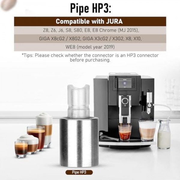 HP3 어댑터가 있는 스테인레스 스틸 밀크 파이프 케이스, jura와 호환 가능 다음 커피 머신 모델: Z8, Z6, J6, S8, S80, E8, E8 Chrome, GIGA X8cG2 / X8G2, GIGA X3cG2 / X3G2, X8, X10, WE8