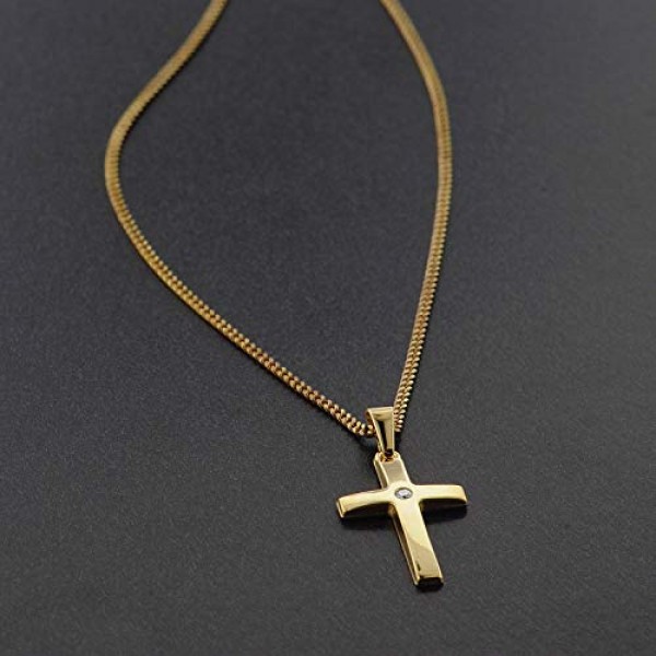 Trendor Gold Cross 585 남성용 및 여성용 40cm 금도금 체인, 골드 펜던트, 진짜 금으로 만든 크로스 펜던트, 선물 아이디어, 지르코니아 35799, 큐빅 지르코니아 골드, 큐빅 지