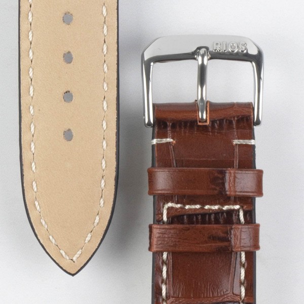 Rios 1931 NEW ORLEANS 마호가니 19mm 실버 버클 앨리게이터 엠보싱 가죽 시계 스트랩
