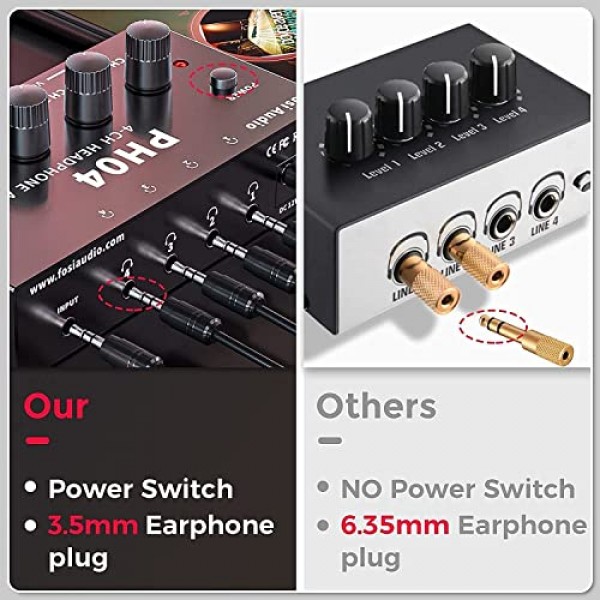 Fosi Audio PH04 4 채널 헤드폰 앰프 금속 스테레오 오디오 앰프, 12V 1.5A 전원 공급 장치, 스튜디오 및 무대용 초소형 휴대용 헤드폰 분배기