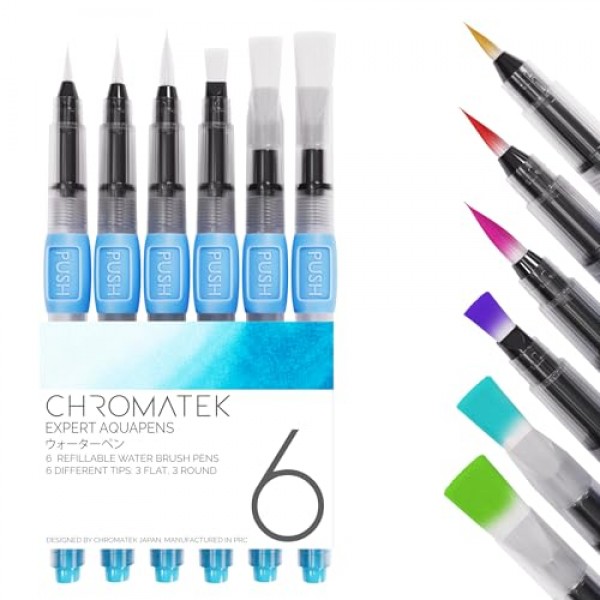 aquapens 그림용 워터 브러쉬 펜 - 6팩 - 6가지 펜촉이 있는 워터 드로잉 브러쉬 펜 - 예술가용 휴대용 수채화 브러쉬 펜 - 어린이 및 성인용 워터 브러쉬 펜