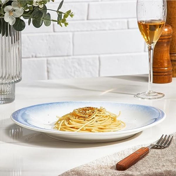 ONEMORE 10인치 디너 접시, 세라믹 샐러드 접시 전채 디저트 파스타 피자용 대형 서빙 접시 4개로 구성된 현대적인 곡선 타원형 접시 세트 | 긁힘 방지, 식기세척기, 전자