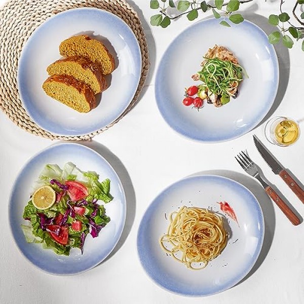 ONEMORE 10인치 디너 접시, 세라믹 샐러드 접시 전채 디저트 파스타 피자용 대형 서빙 접시 4개로 구성된 현대적인 곡선 타원형 접시 세트 | 긁힘 방지, 식기세척기, 전자