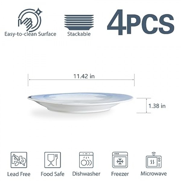 ONEMORE 10인치 디너 접시, 세라믹 샐러드 접시 전채 디저트 파스타 피자용 대형 서빙 접시 4개로 구성된 현대적인 곡선 타원형 접시 세트 | 긁힘 방지, 식기세척기, 전자