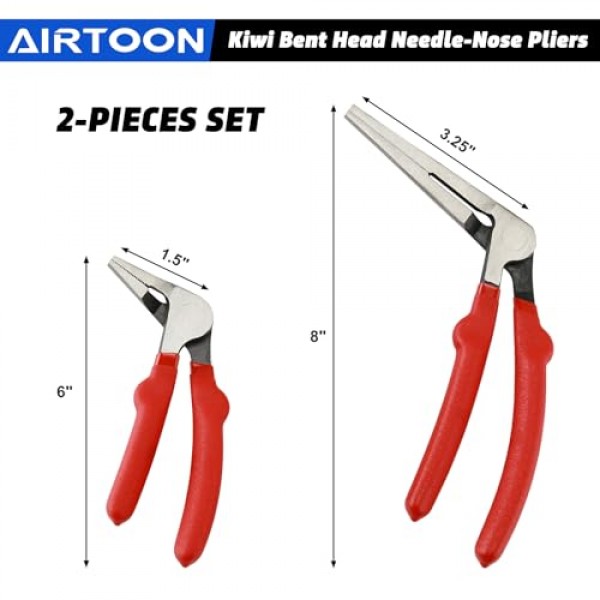 AIRTOON 2PC 키위 구부러진 머리 바늘 코 펜치, 각진 머리 바늘 코 키위 펜치, 6인치 및 8인치, 이중 주입 핸들, 좁은 공간 접근을 위한 구부러진 머리 디자인