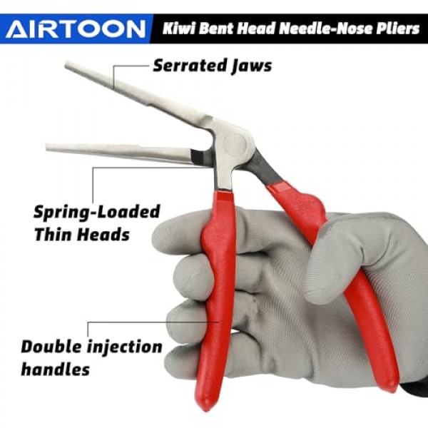 AIRTOON 2PC 키위 구부러진 머리 바늘 코 펜치, 각진 머리 바늘 코 키위 펜치, 6인치 및 8인치, 이중 주입 핸들, 좁은 공간 접근을 위한 구부러진 머리 디자인